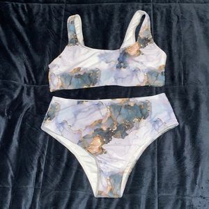 Shein Large Marble Print High-Waist Bikini Swimwear Set